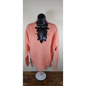 Miracle Sweaters Oversized Orange Frayed Chunky Fringe Distressed Size S/M